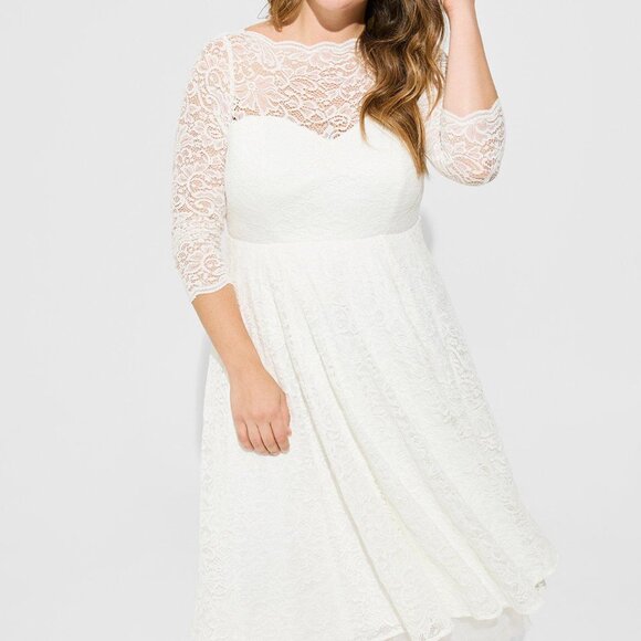 ❤️NWT VINTAGE TORRID WEDDING DRESS - IVORY LACE TEA LENGTH ILLUSION NECK GOWN - Picture 4 of 12